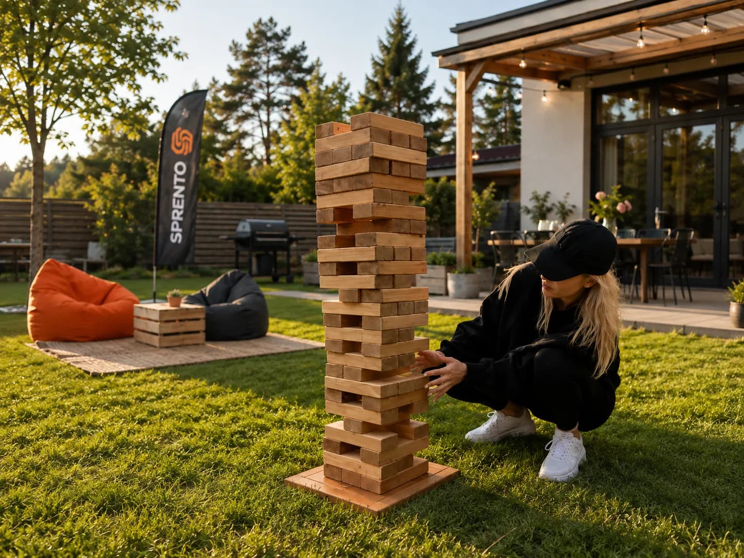Kobieta wyciąga klocek z wieży Jenga XXL ustawionej na trawniku podczas ogrodowej imprezy.